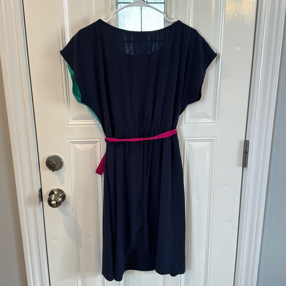 Navy Blue Color Block Dress with Pink Tie Around Waist - Picture 3 of 9